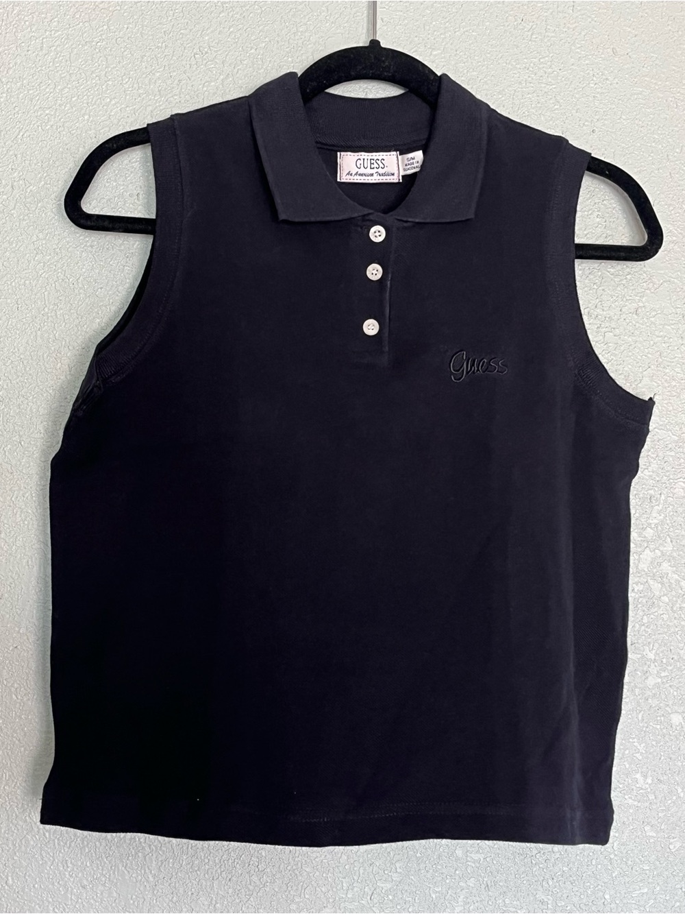 Vintage GUESS Womens Sleeveless Polo Shirt Size S/M Blue Logo Top